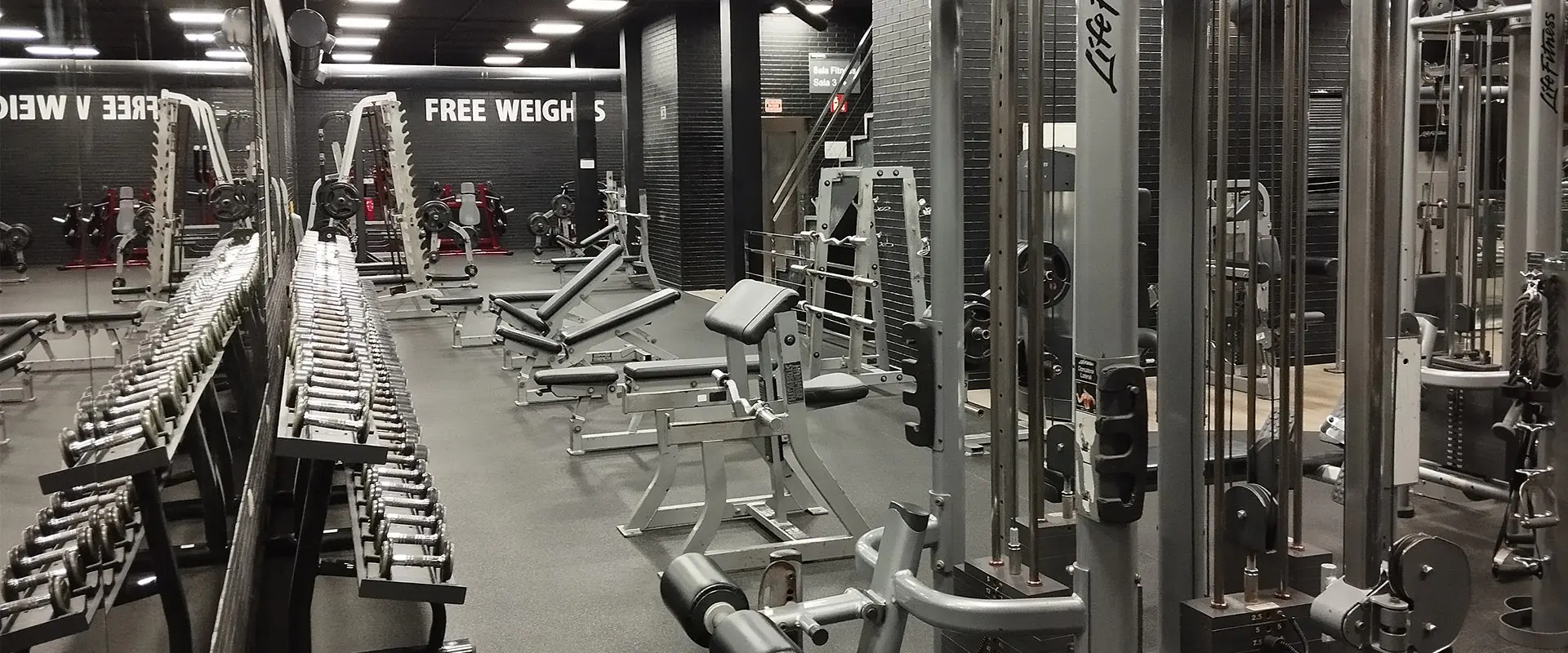 Sala de fitness, con máquinas, bancos de musculación y pesas en sus soportes