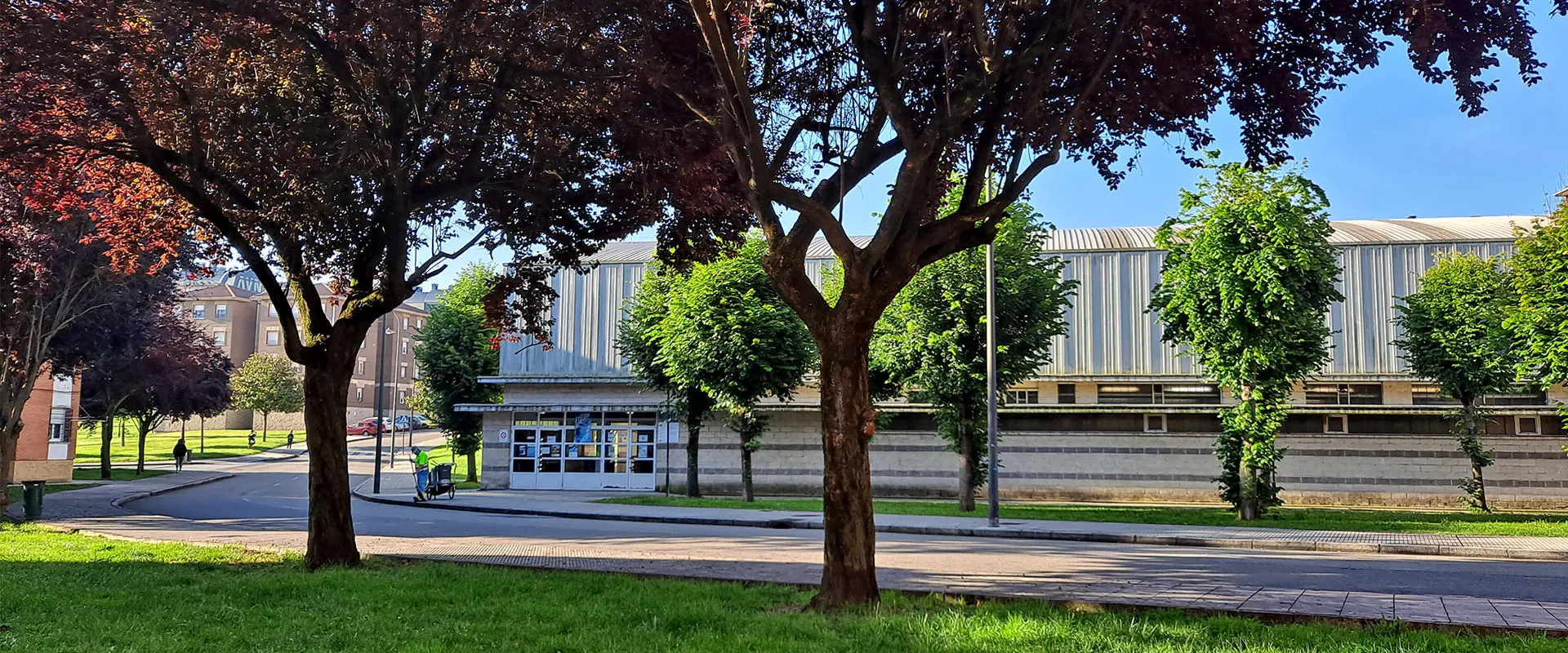 Vista del polideportivo desde los alrededores con árboles de hojas rojo púrpura y verdes en primer plano