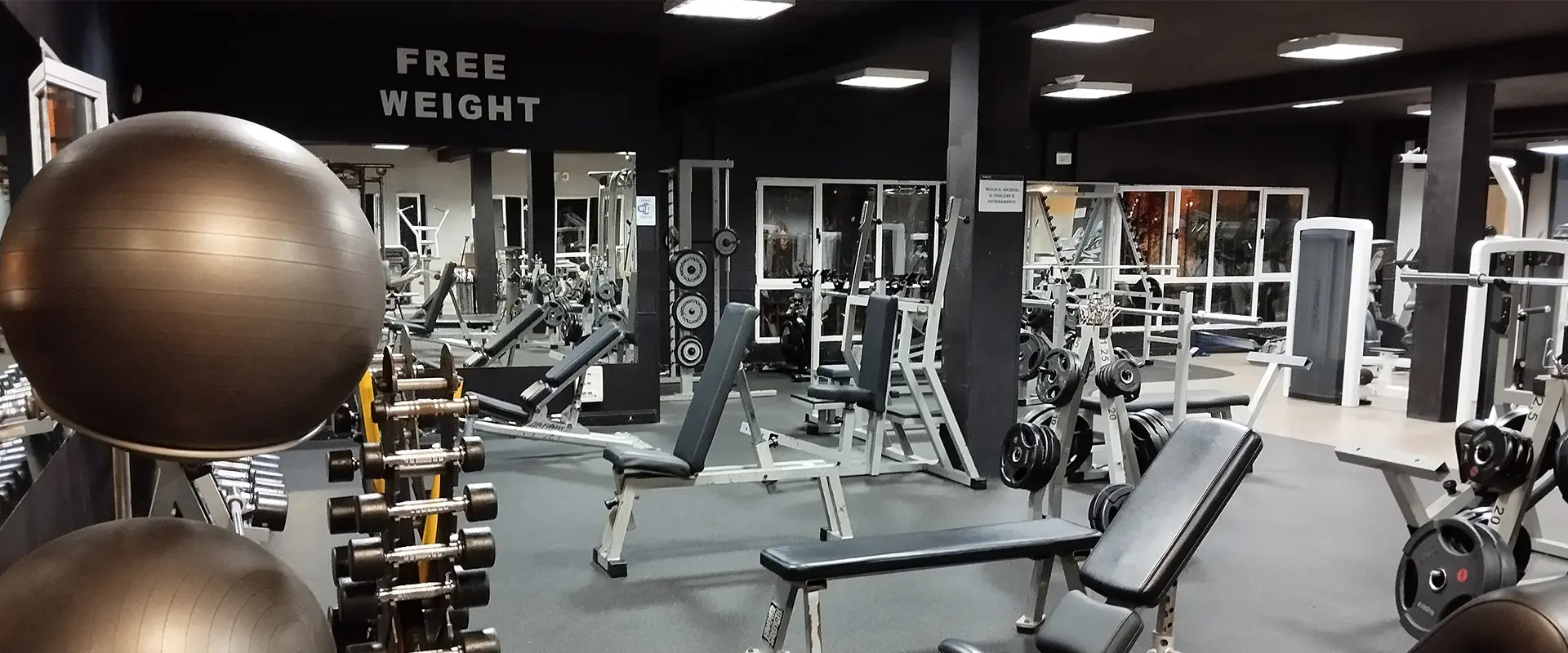 Sala de fitness, con mancuernas en sus soportes y bancos y máquinas de musculación