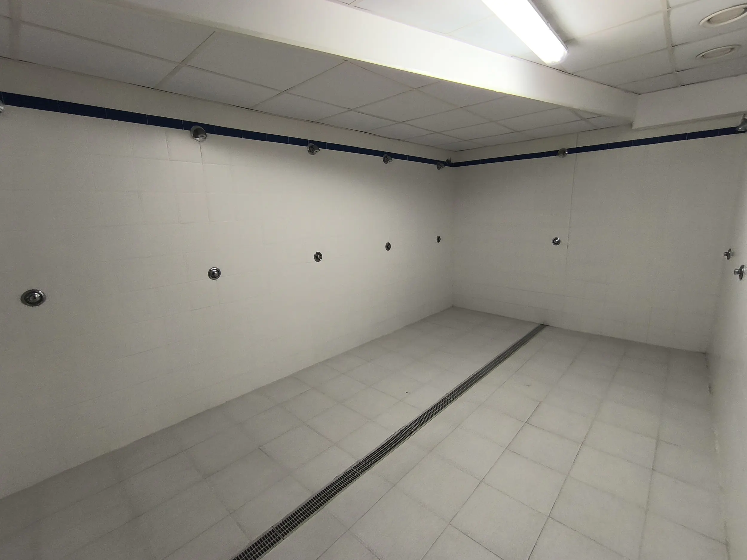 Zona de duchas de los vestuarios, con suelo y paredes de azulejos