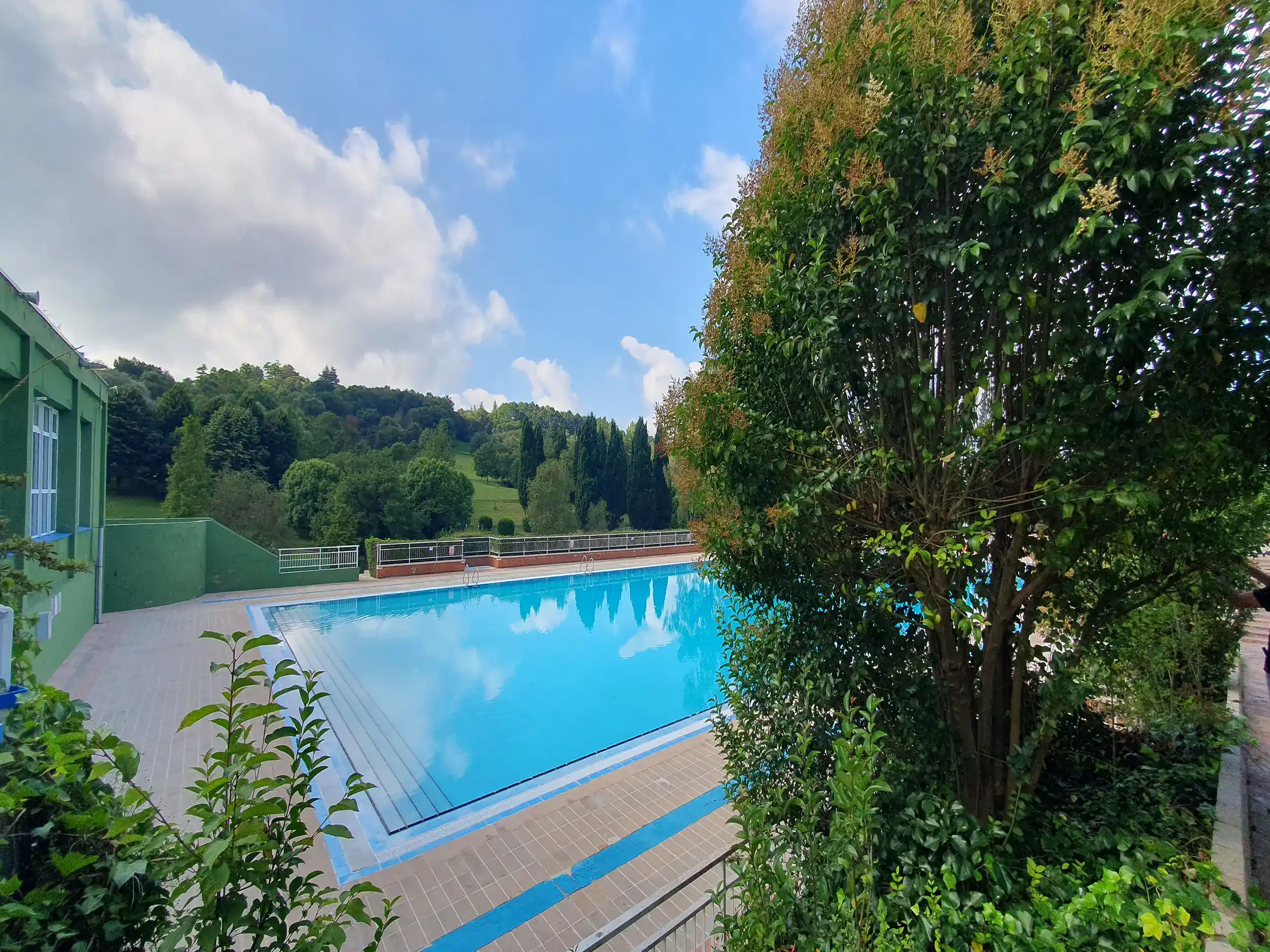 Vista parcial de la piscina principal, desde un pequeño promontorio, rodeada de árboles