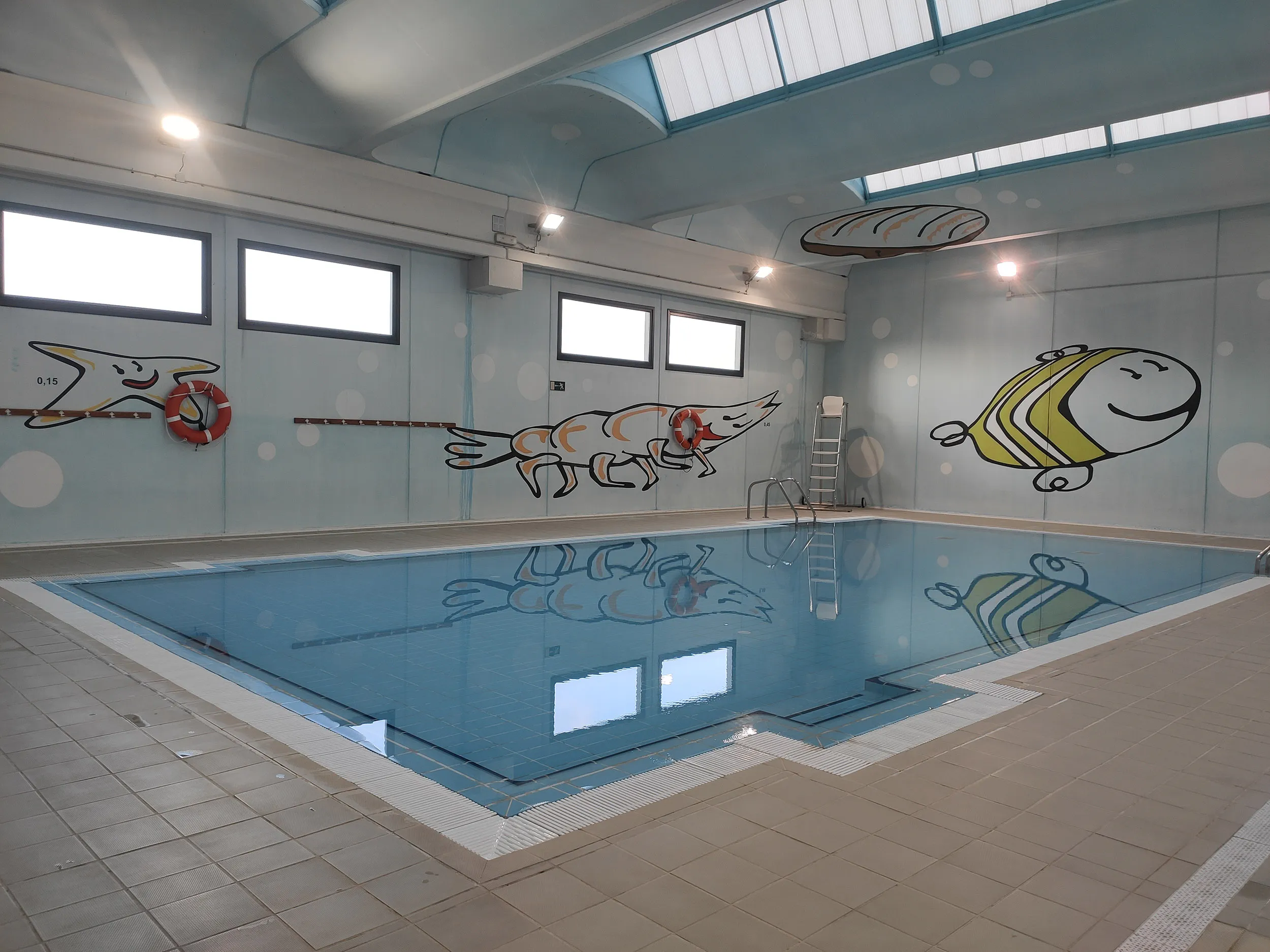Panorámica de una de las piscinas de aprendizaje, con pinturas de animales, de carácter infantil, en las paredes