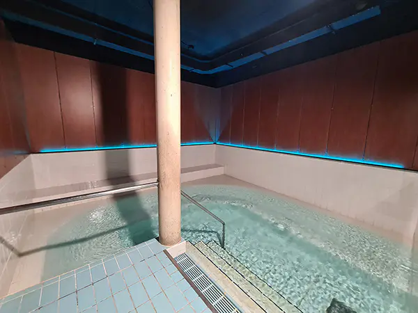 Piscina de hidromasaje en ángulo recto, con barandilla y escalerillas de acceso, situada en la zona de spa