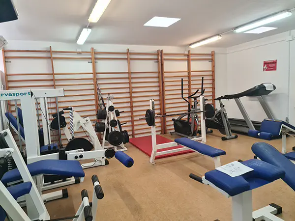 Gimnasio con aparatos de ejercicios y unas espalderas en la pared del fondo