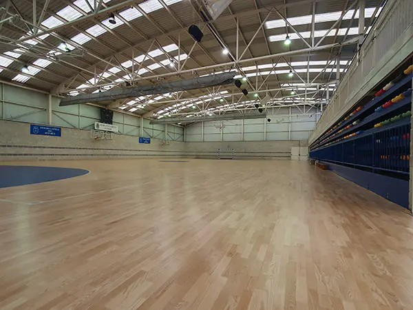 Pista Polideportiva y gradas extensibles. Tomada a nivel de la pista. Gradas extensibles recogidas.