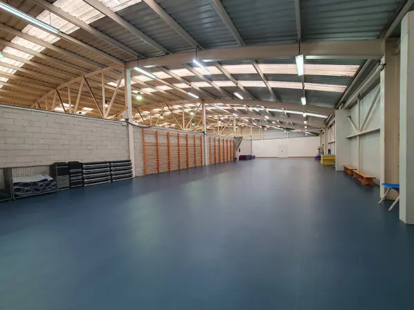 Gimnasio, Imagen de una amplia sala vacía. Aparecen bancos en los laterales y espalderas en una de las paredes