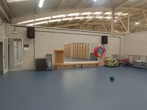 Gimnasio. Foto de un espejo situado en pared, balones recogidos en una jaula y otro en el suelo