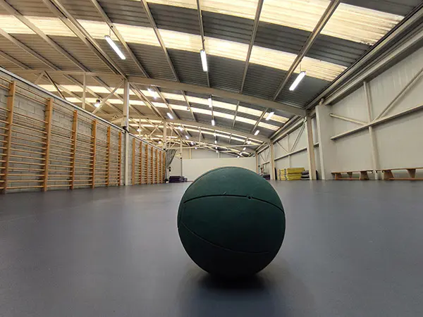 Gimnasio. Imagen desde el suelo. En primer plano un balón de ejercicios