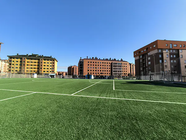 Perspectiva lateral del campo de fútbol distinguiéndose las diferentes líneas blancas del césped y una de las porterías