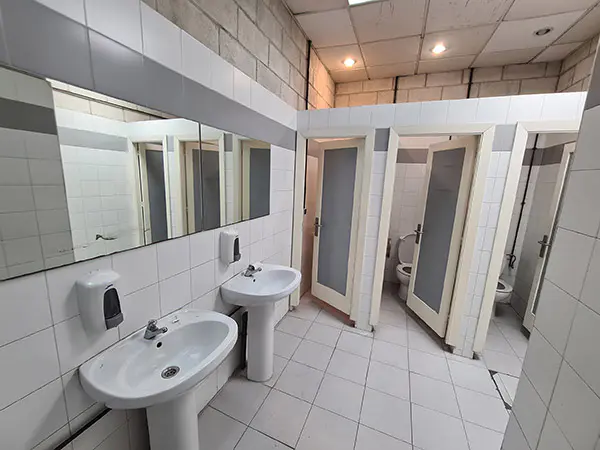 Aseo. Dos lavabos espejos y puertas de inhodoros