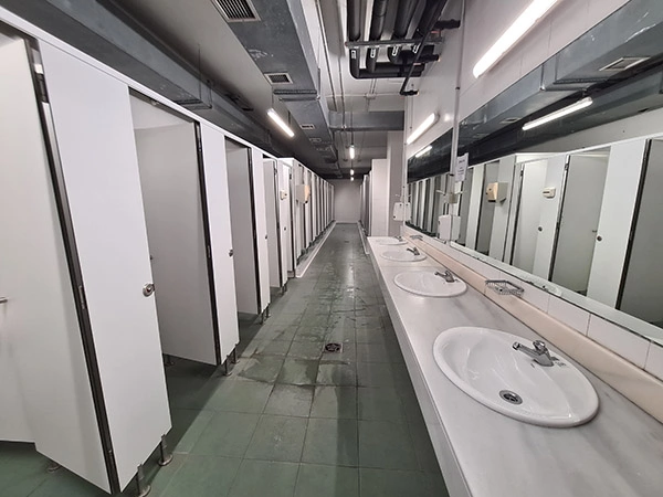 Pasillo interior de los aseos, con una fila de lavabos a la derecha y otra de cabinas de retrete a la izquierda