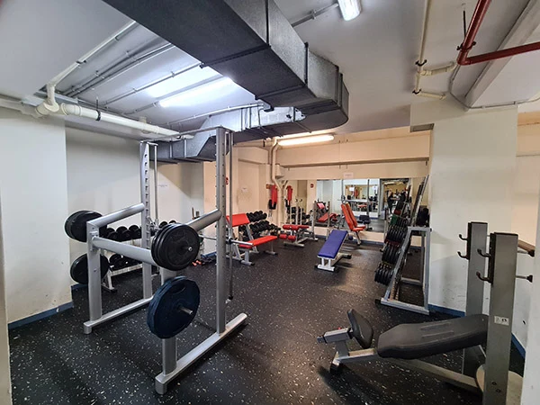 Gimnasio interior, con máquinas de pesas y bancos de musculación, suelo de linóleo y espejo grande en el fondo
