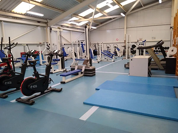 Diferentes aparatos de gimnasia y máquinas en la sala de musculación