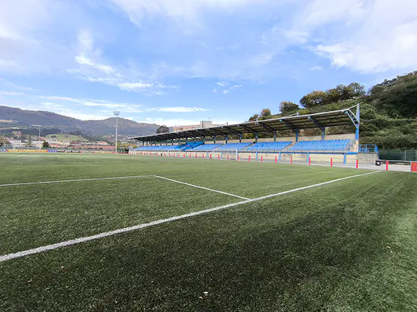 Vista parcial a pie de campo del terreno de juego, con gradas cubiertas a la derecha y torre de iluminación al fondo
