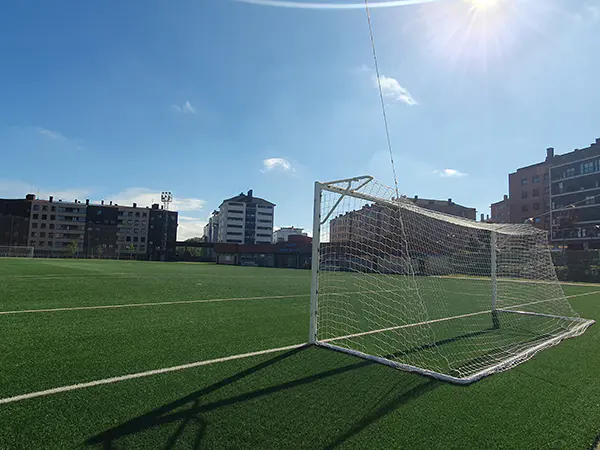 Vista parcial del campo, junto a una de las porterías, con edificios alrededor
