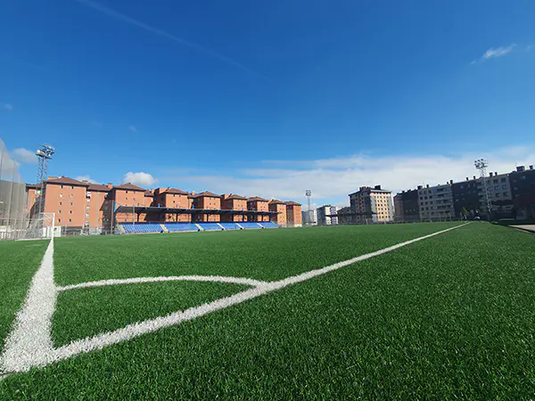 Vista lateral a pie de campo del terreno de juego, desde las líneas del córner. Al fondo, los edificios circundantes