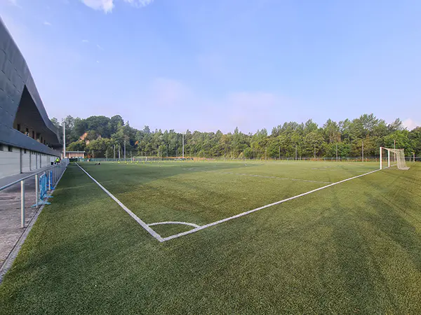 Panorámica de un campo de fútbol 11 desde uno de los córneres, con la portería y una vista parcial de las gradas