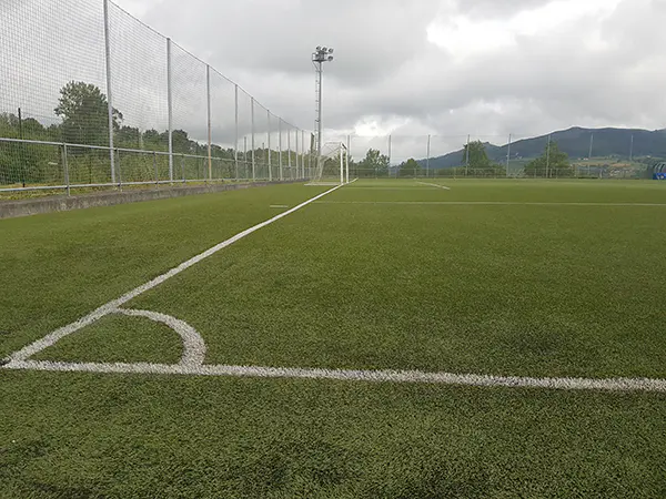 Vista lateral y a pie de campo del terreno, distinguiéndose las líneas blancas del córner, meta, área y la portería