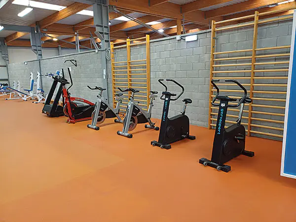 Varias bicis estaticas en gimnasio, de fondo pared con espalderas