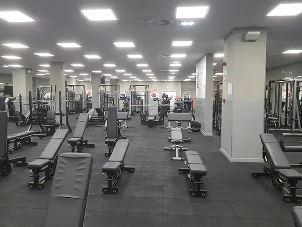 Sala de fitness, con bancos de musculación y otros aparatos de ejercicio