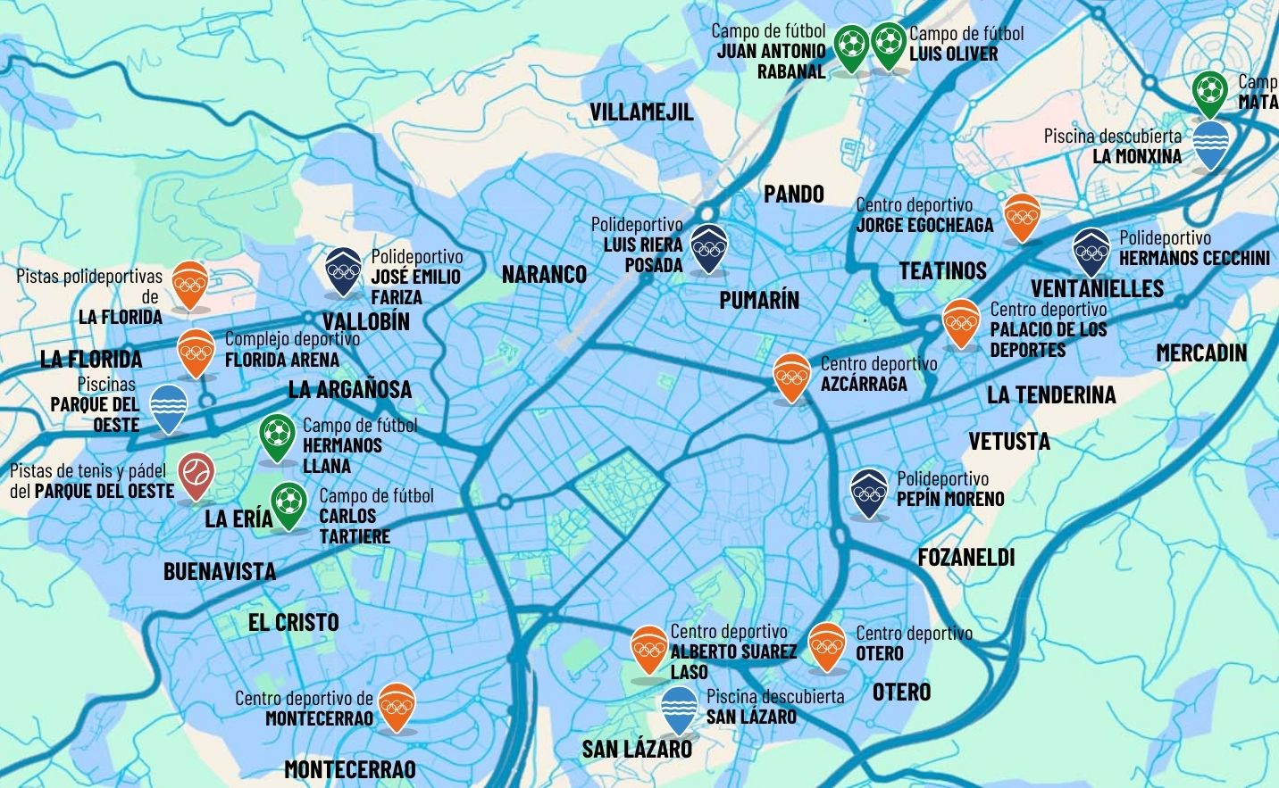 mapa de la ubicación de las instalaciones deportivas municipales